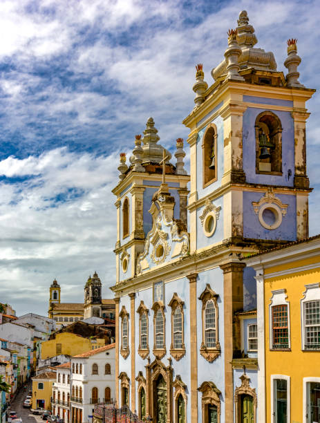 Church in  Pelorinho, Salvador Top Church facade of Our Lady of the Black Rosary in Pelourinho in Salvador. He had the start of works in 1704 and holds an attached cemetery of slaves. pelourinho stock pictures, royalty-free photos & images