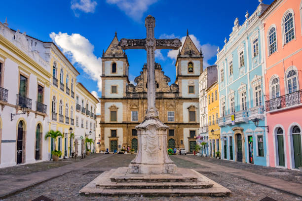 Church of Sao Francisco in Pelourinho Salvador Bahia Brazil Stock photograph of town square and the Church of Sao Francisco (Igreja e Convento de Sao Francisco) in Pelourinho, the historic center of Salvador Bahia Brazil on a sunny day pelourinho stock pictures, royalty-free photos & images