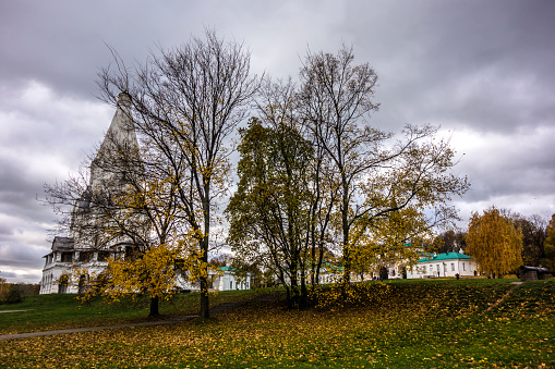 Sparrow hill area in autumn Moscow with roods, church and park in sunset
