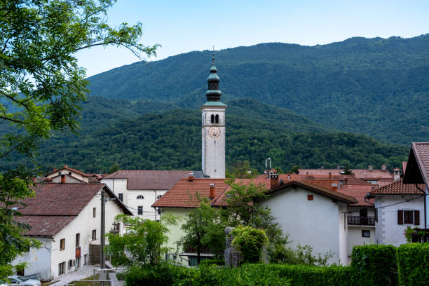 Church of the Assumption bell tower in Kobarid, Slovenia stock photo