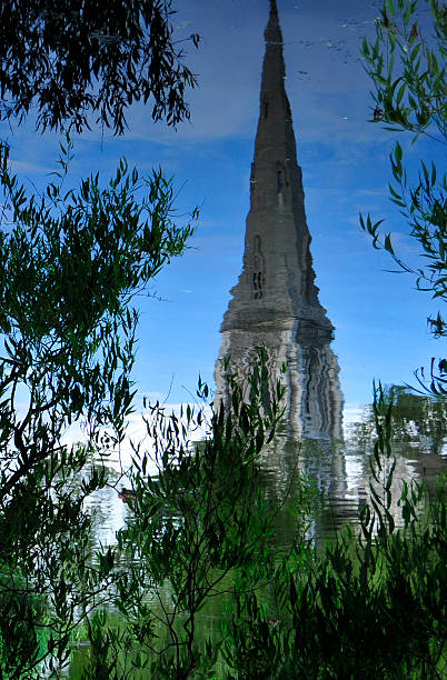 Church reflection over the pond stock photo