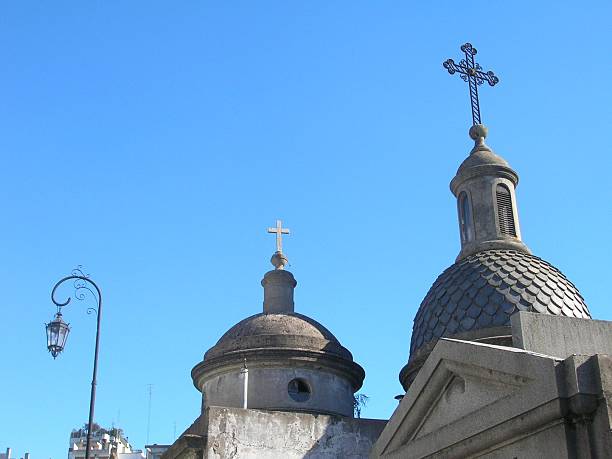 church rooftop topped with crosses stock photo
