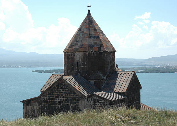 Church Sevanavank and Lake Sevan, Armenia stock photo