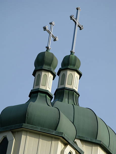 Church Twin Steeple Crosses A close up of twin church domes. texas synagogue stock pictures, royalty-free photos & images