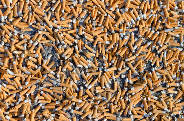 Cigarette butts close-up, background stock photo