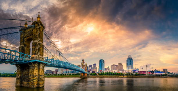Cincinnati downtown Panoramic view of John A. Roebling Suspension Bridge over the Ohio River and downtown Cincinnati skyline cincinnati stock pictures, royalty-free photos & images
