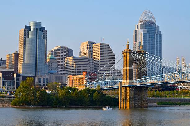 Cincinnati Skyline and Ohio River A current (2014) view of the ever changing Cincinnati skyline.  The beautiful Roebling Bridge is in the foreground and the unique Great American tower with it's "crown" are shown just behind it. cincinnati stock pictures, royalty-free photos & images