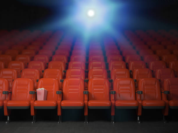 Cinema and movie theater concept background. Empty rows of red seats with pop corn. Cinema and movie theater concept background. Empty rows of red seats with pop corn. 3d illustration seat stock pictures, royalty-free photos & images