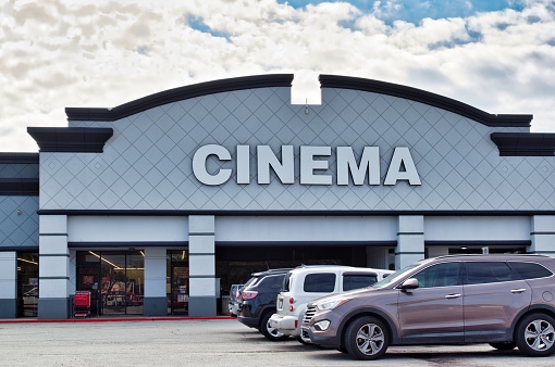 Houston, Texas USA 11-12-2021: Cinema complex exterior and parking lot in North Oaks shopping center, Houston TX.