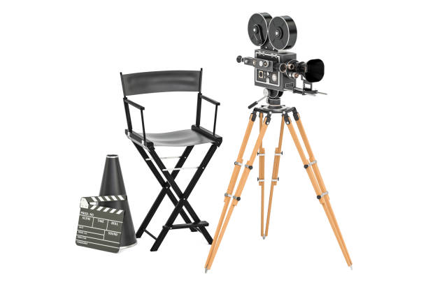 Cinema concept. Movie camera with film reels, chair, megaphone and clapperboard. 3D rendering isolated on white background Cinema concept. Movie camera with film reels, chair, megaphone and clapperboard. 3D rendering isolated on white background film script stock pictures, royalty-free photos & images
