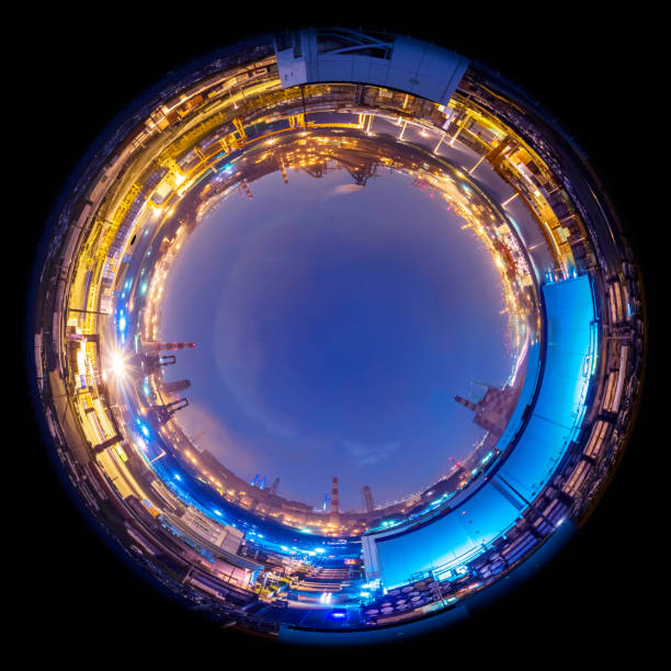 Circle panorama of modern factory skyline, such as if they were taken with a fish-eye lens Circle panorama of modern factory skyline, such as if they were taken with a fish-eye lens fish eye lens stock pictures, royalty-free photos & images