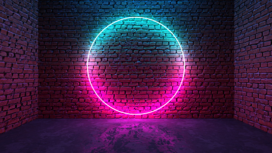 Circle shaped glowing neon frame on brick wall in dark room. Blue to purple or pink gradient color glow. Sci-fi, cyberpunk and disco concept. 3D illustration.