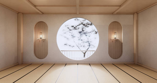 Circle shelf wall design on empty  Living room japanese deisgn with tatami mat floor. 3D rendering stock photo