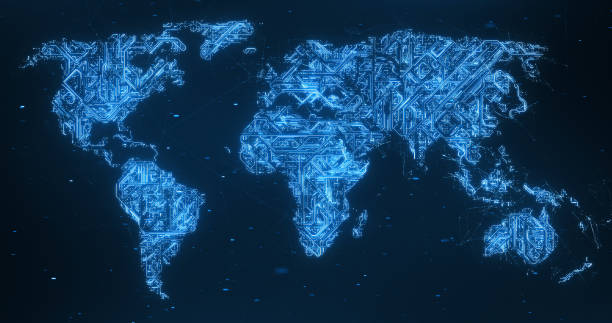 Patrón de placa de circuito mapa del mundo-azul - foto de stock