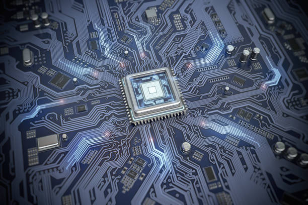 Circuit board with CPU.  Motherboard system chip with glowing processor. Computer´s technology and internet concept. Circuit board with CPU.  Motherboard system chip with glowing processor. Computer´s technology and internet concept. 3d illustration quantum computing stock pictures, royalty-free photos & images