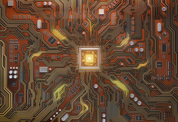 Circuit board with CPU.  Motherboard system chip with glowing processor. Computer´s technology and internet concept. Circuit board with CPU.  Motherboard system chip with glowing processor. Computer´s technology and internet concept. 3d illustration quantum computing stock pictures, royalty-free photos & images