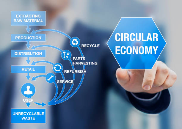 Circular economy business model for sustainable development system, decreasing natural resources needs and waste, recycle, reuse, refurbish, improve product lifecycle, businessman presentation  circular economy stock pictures, royalty-free photos & images