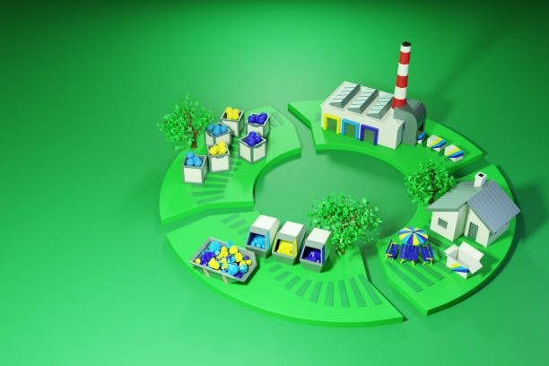 Circular economy concept 3D illustration of the cycle of manufacturing, consumption and recycling circular economy stock pictures, royalty-free photos & images