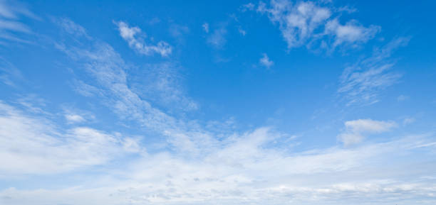 Cirrus Clouds in a Blue Sky Cirrus clouds appear in a blue sky over Damon Point in Ocean Shores, Washington State, USA. jeff goulden panoramic stock pictures, royalty-free photos & images