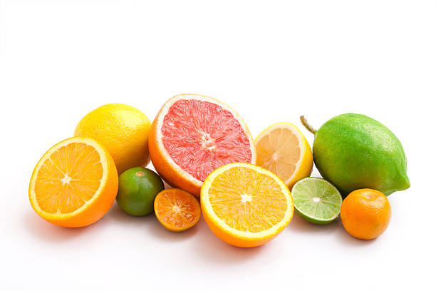 Citrus fruit "Lemon, lime, tangerine, orange and grapefruit on white background." citrus fruit stock pictures, royalty-free photos & images