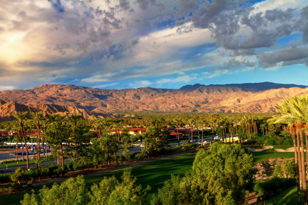 City and mountain view of Indian Wells, California in the Coachella Valley stock photo