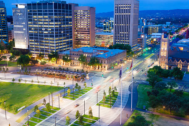 City at twilight View of downtown area in Adelaide at twilight south australia stock pictures, royalty-free photos & images