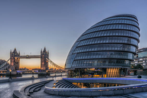 City Hall of London and Tower Bridge at Sunrise stock photo