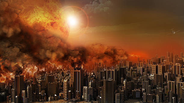 City in a blaze Apocalyptic scenery with firestorm over the city apocalypse stock pictures, royalty-free photos & images