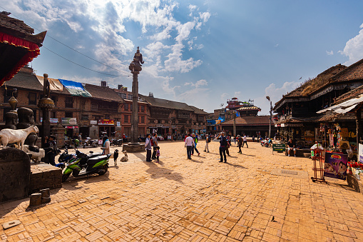 Bhaktapur, Nepal - October 29, 2021: City in the east corner of the Kathmandu Valley in Nepal. Bhaktapur Durbar Square. Royal palace of the old Bhaktapur Kingdom.   Highly visited tourist site
