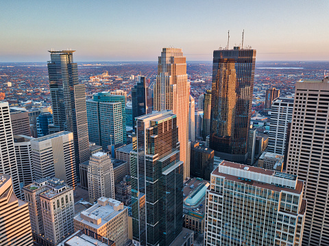 City Of Minneapolis From Above Aerial At Sunset Stock Photo - Download ...