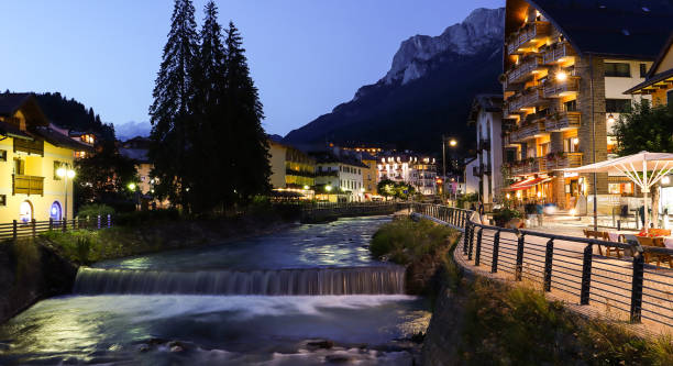 City of Moena at night (Trentino, Italy) stock photo