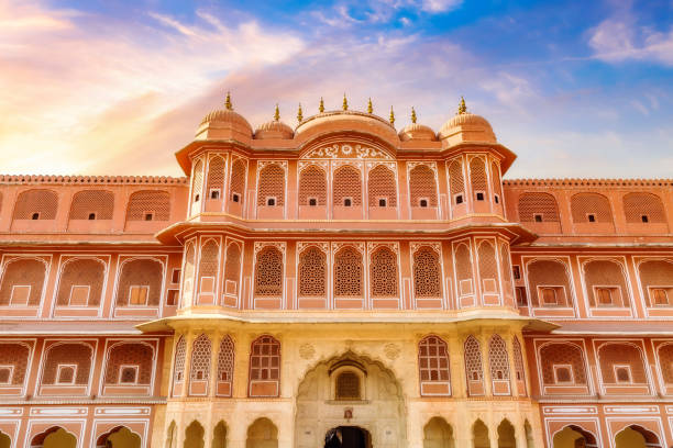 City Palace Jaipur Rajasthan with moody sunset sky stock photo