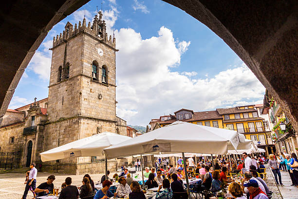 City square restaurants in Guimarães stock photo