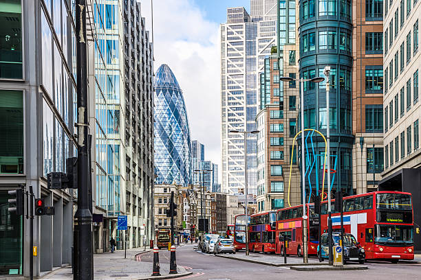 City View of London around Liverpool Street station City View of London around Liverpool Street station double decker bus stock pictures, royalty-free photos & images