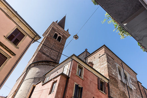 View on the church tower of San Tomaso Becket in Verona, Italy from below