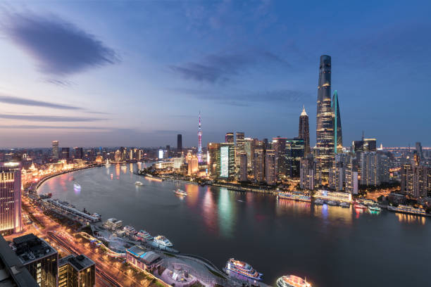 Cityscape and city skyline at sunset in Shanghai,China stock photo