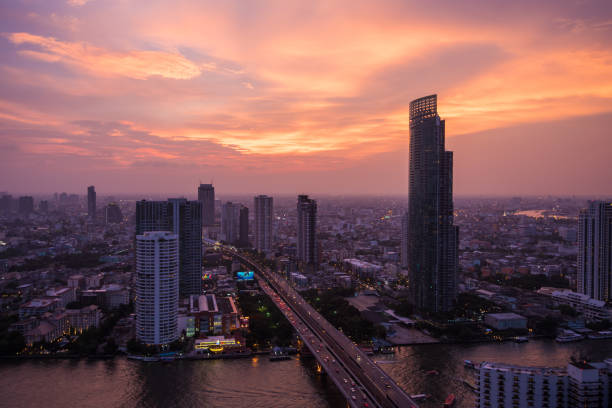 Cityscape around Chao Phraya river in Bangkok, Thailand. stock photo
