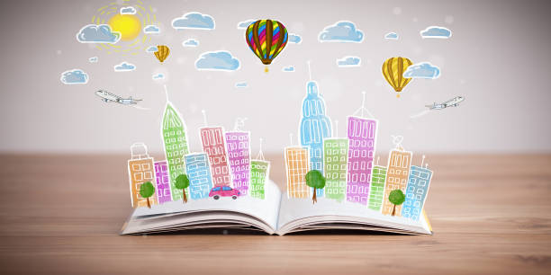 cityscape drawing on open book stock photo