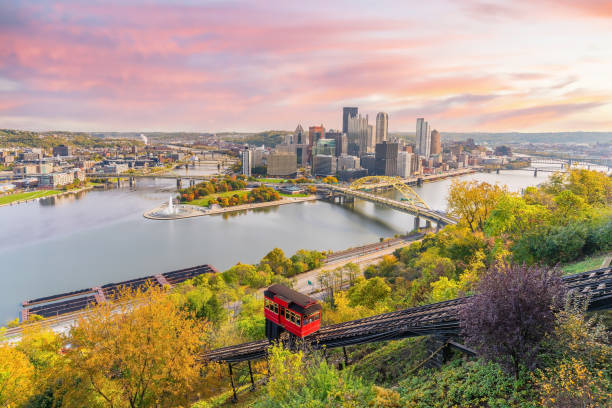 Cityscape of downtown skyline and vintage incline in Pittsburgh, Pennsylvania, USA stock photo