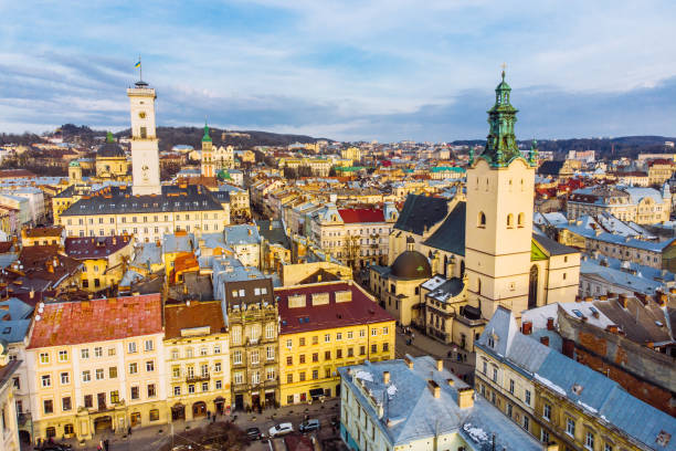 cityscape of old european city. bird's eye view cityscape of old european city. bird's eye view lviv photos stock pictures, royalty-free photos & images
