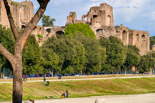 A suggestive cityscape of the Palatine Hill and the Circus Maximus public park, in the core of the Ancient Rome. The Palatine Hill was a sacred place for the Romans where, according to tradition, the city was founded. The Roman emperors Augustus, Tiberius and Domitian built their immense imperial palaces on this hill (up in the photo). The Circus Maximus, below in the photo, was the largest oval circus in the ancient world, where thousands of Romans watched epic horse and chariot races. The Roman Forum, one of the largest archaeological areas in the world, represented the political, legal, religious and economic center of the city of Rome, as well as the nerve center of the entire Roman civilization. In 1980 the historic center of Rome was declared a World Heritage Site by Unesco. Image in high definition format.