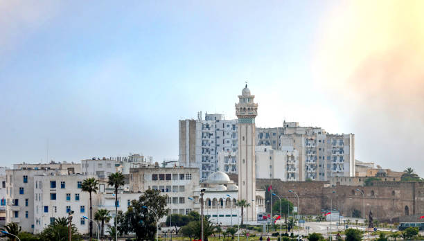 Cityscape of Tunis, Tunisia with old city walls and Minaret stock photo