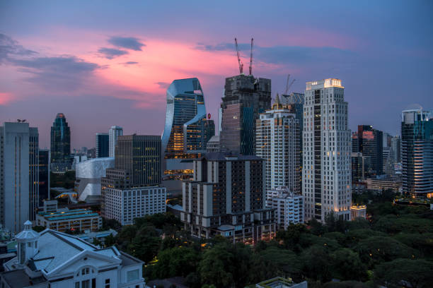 Cityscape view of Bangkok's commercial buildings in the heart of Bangkok, Thailand. stock photo