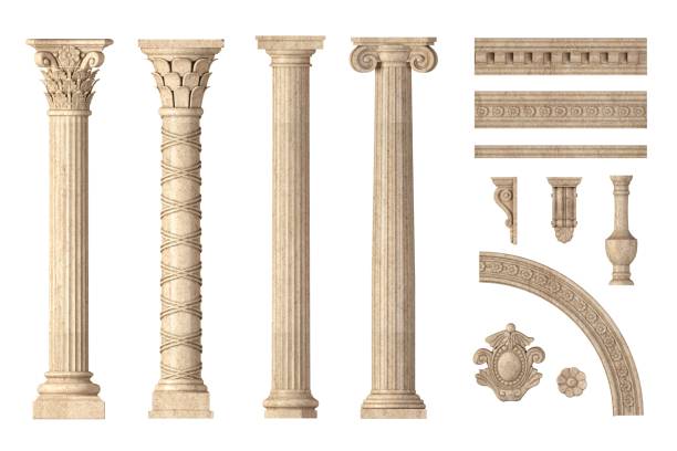Classic antique marble columns set 3d illustration. Classic antique marble columns set in in different styles architectural column photos stock pictures, royalty-free photos & images