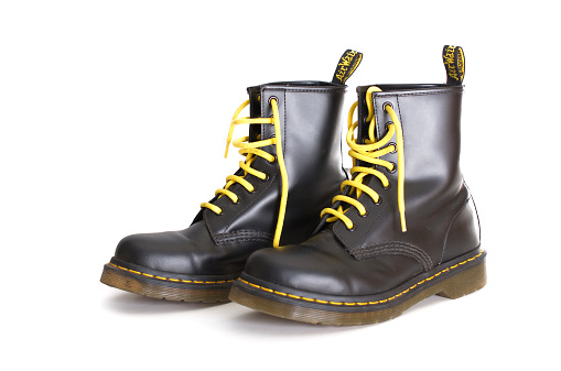Get used to Sedative Man Classic Black Doc Martens Laceup Boots With Yellow Laces Stock Photo -  Download Image Now - iStock