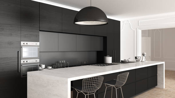 Classic kitchen, minimalistic interior design, close up stock photo