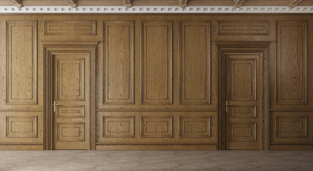 Classic luxury empty room with wooden boiserie on the wall. Classic luxury empty room with wooden boiserie on the wall. Oak wall panels, premium cabinet style. 3d illustration wood paneling stock pictures, royalty-free photos & images