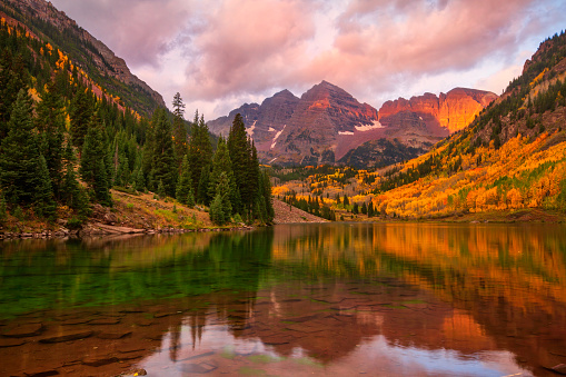 Sunrise on Maroon Bells, located outside of Aspen, Colorado on a fall morning