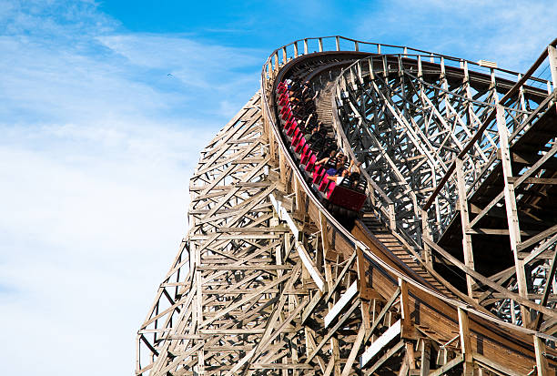 Classic roller coaster with people at Cedar Point, Sandusky, Ohio stock photo