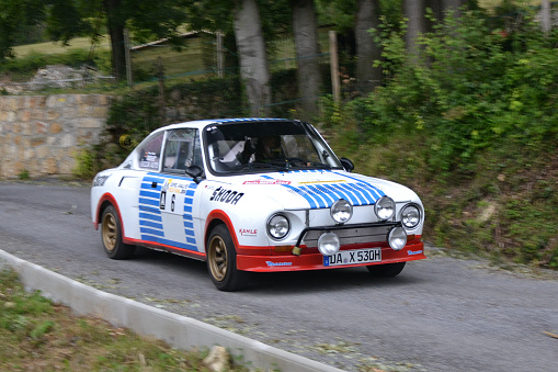 Nice, France - August 1st, 2014: Classic Skoda 130RS driving on the road. The Skoda 130RS was a rear-engined, rear-wheel drive sports car. This model was based on classic vehicle Skoda 110R Coupe (1970-80). Blurred photo.